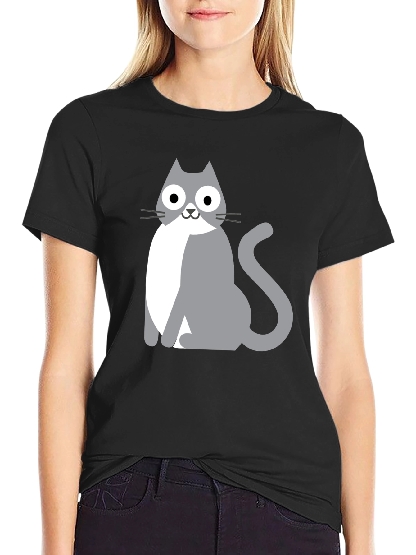 Cartoon Cat Graphic Black T-Shirt