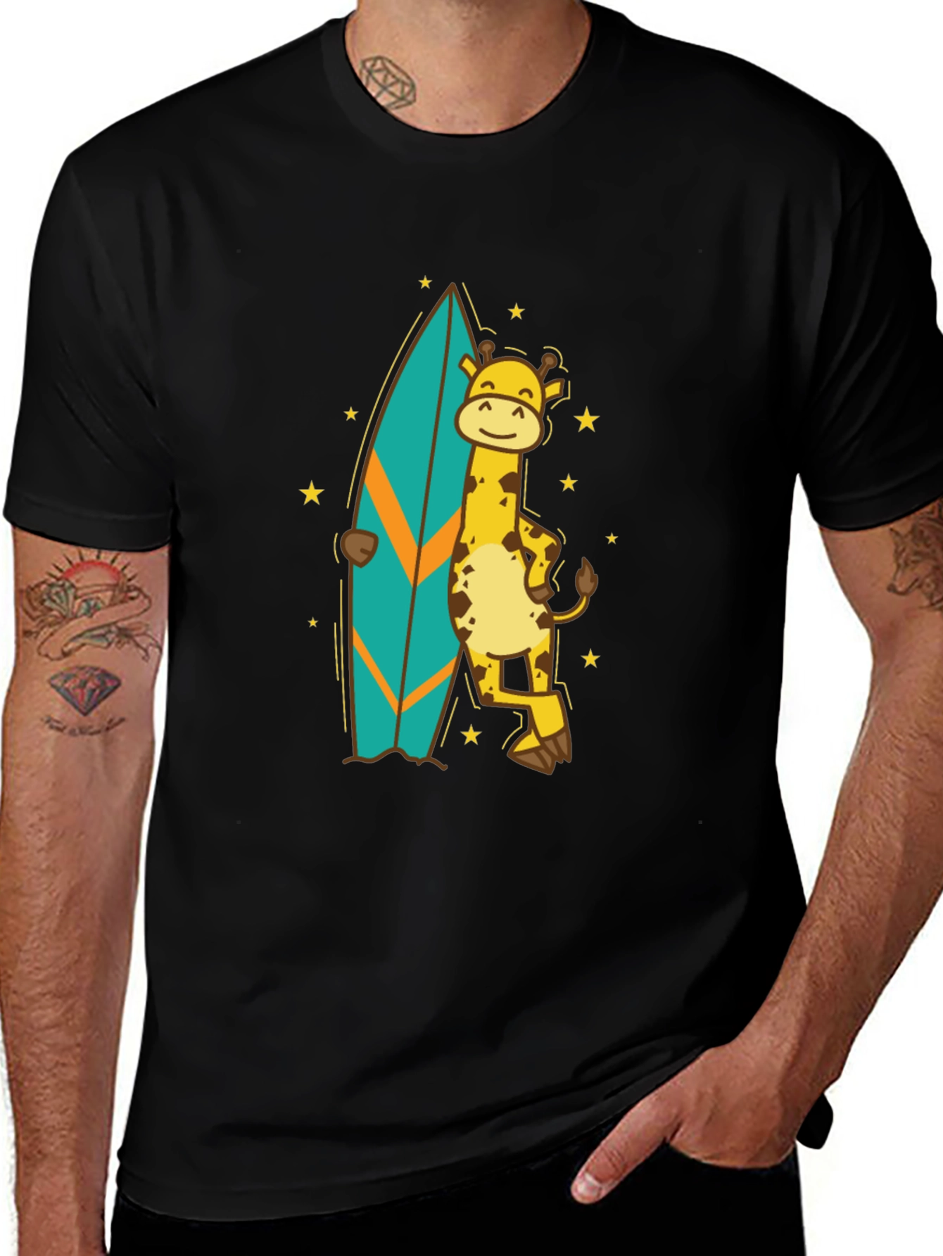 Surfing Giraffe T-Shirt - Black Cotton Tee
