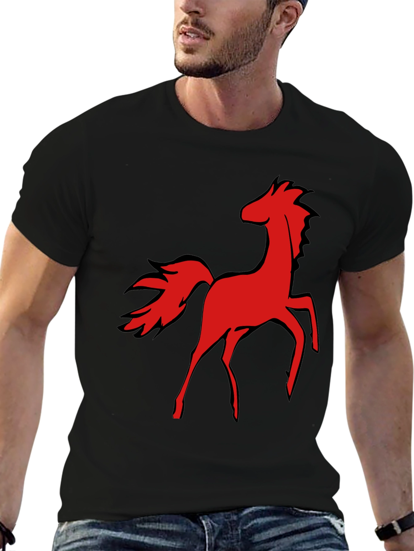 Red Horse Graphic Tee - Black Cotton T-Shirt