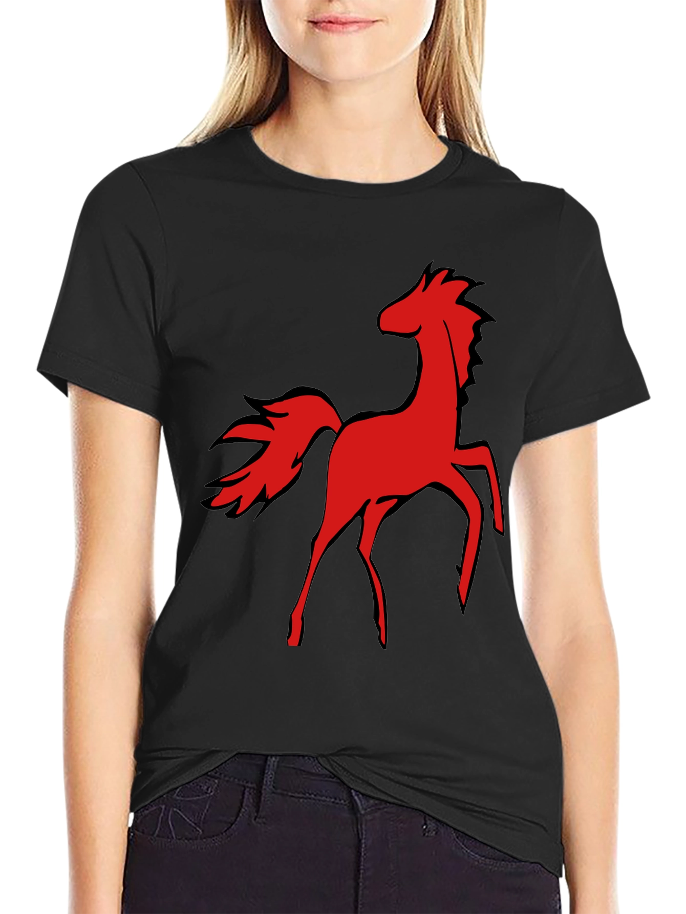 Red Horse Graphic Tee - Black Cotton T-Shirt