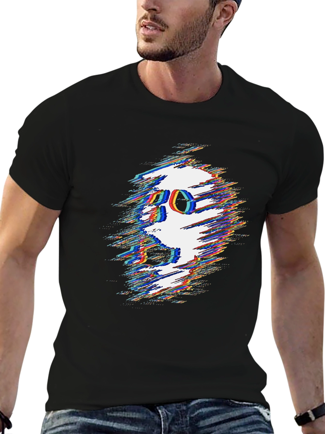 Glitch Skull Graphic Tee - Black Cotton T-Shirt