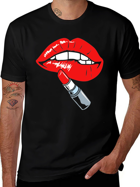 Bold Lips & Lipstick Graphic Tee - Black Cotton T-Shirt