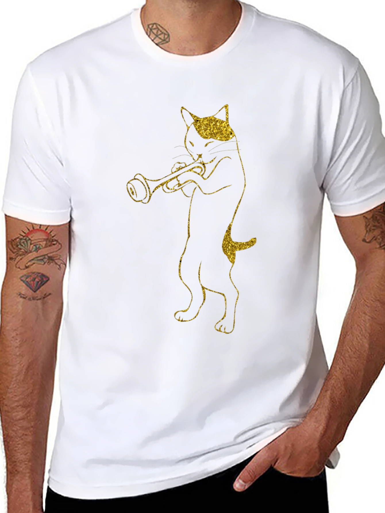 Cat Trumpet Player Black T-Shirt