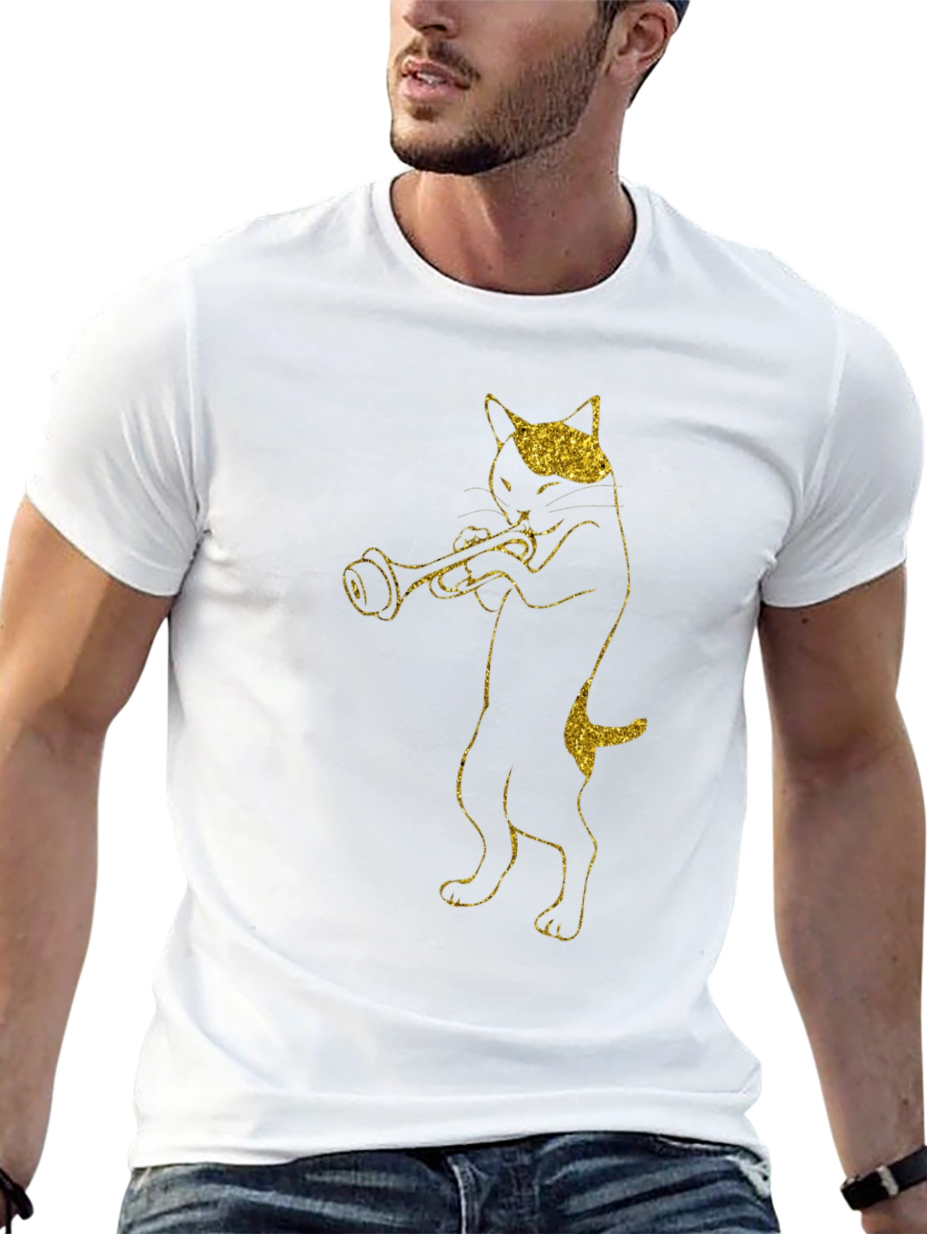 Cat Trumpet Player Black T-Shirt