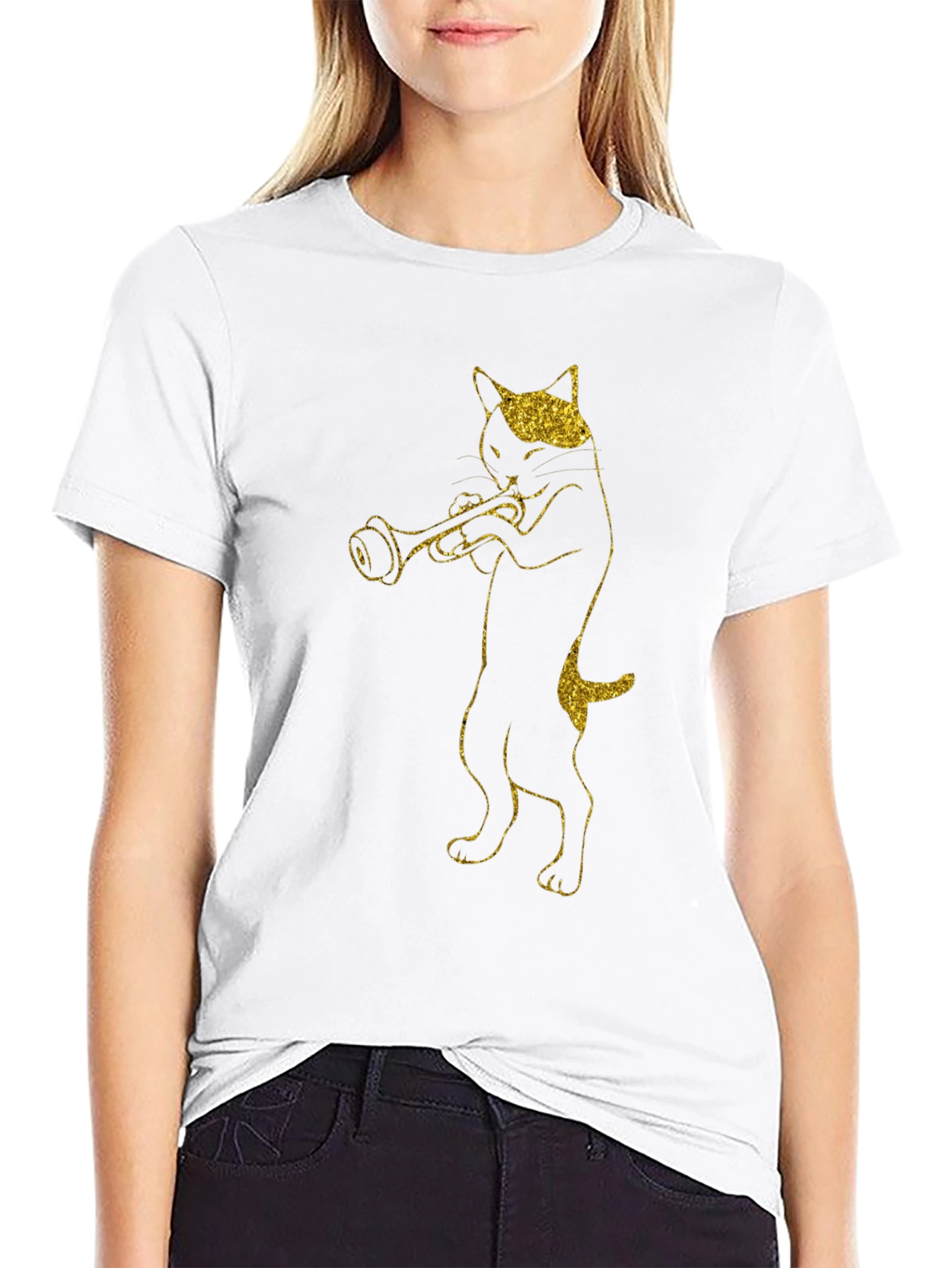 Cat Trumpet Player Black T-Shirt