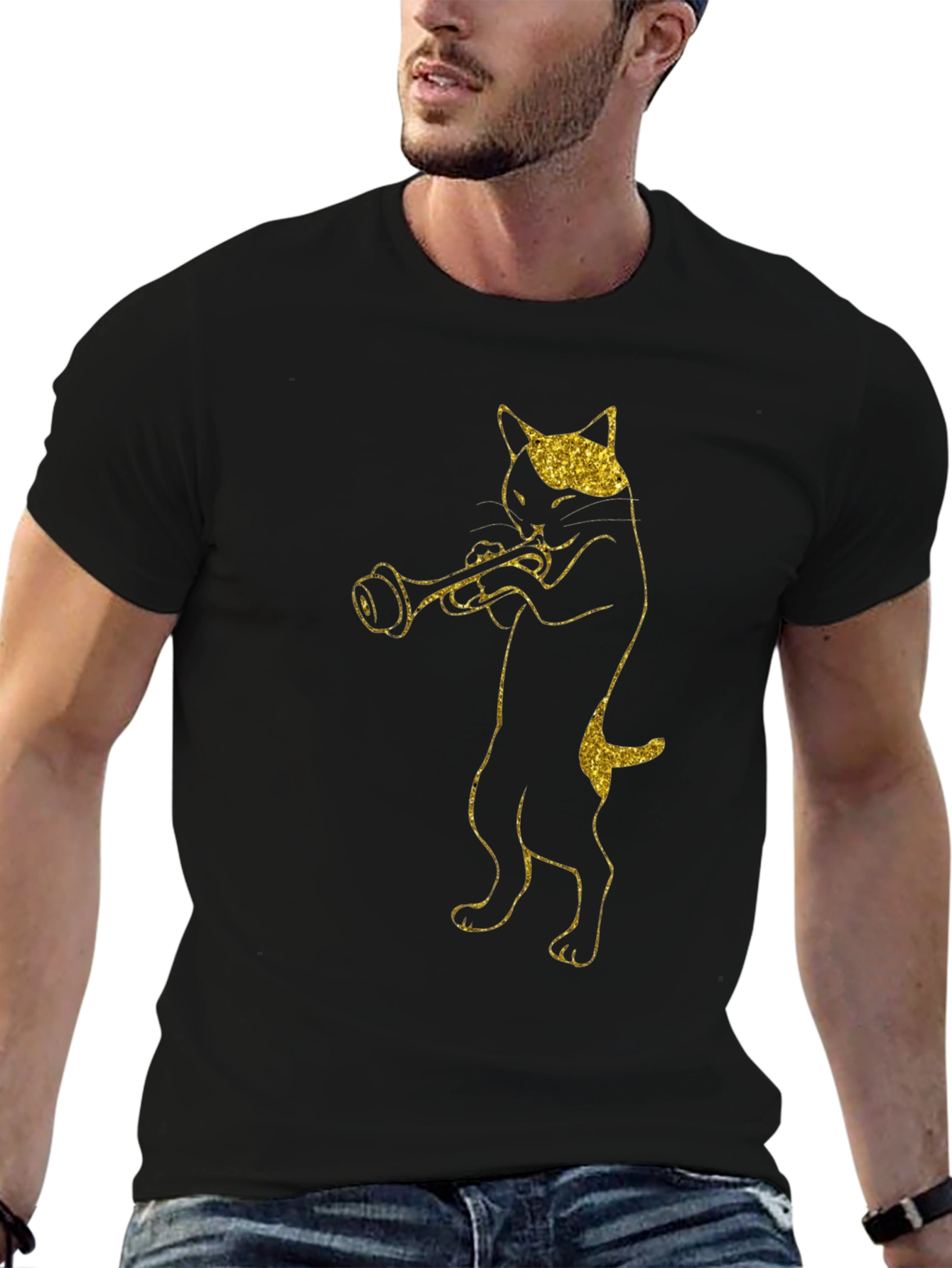 Cat Trumpet Player Black T-Shirt