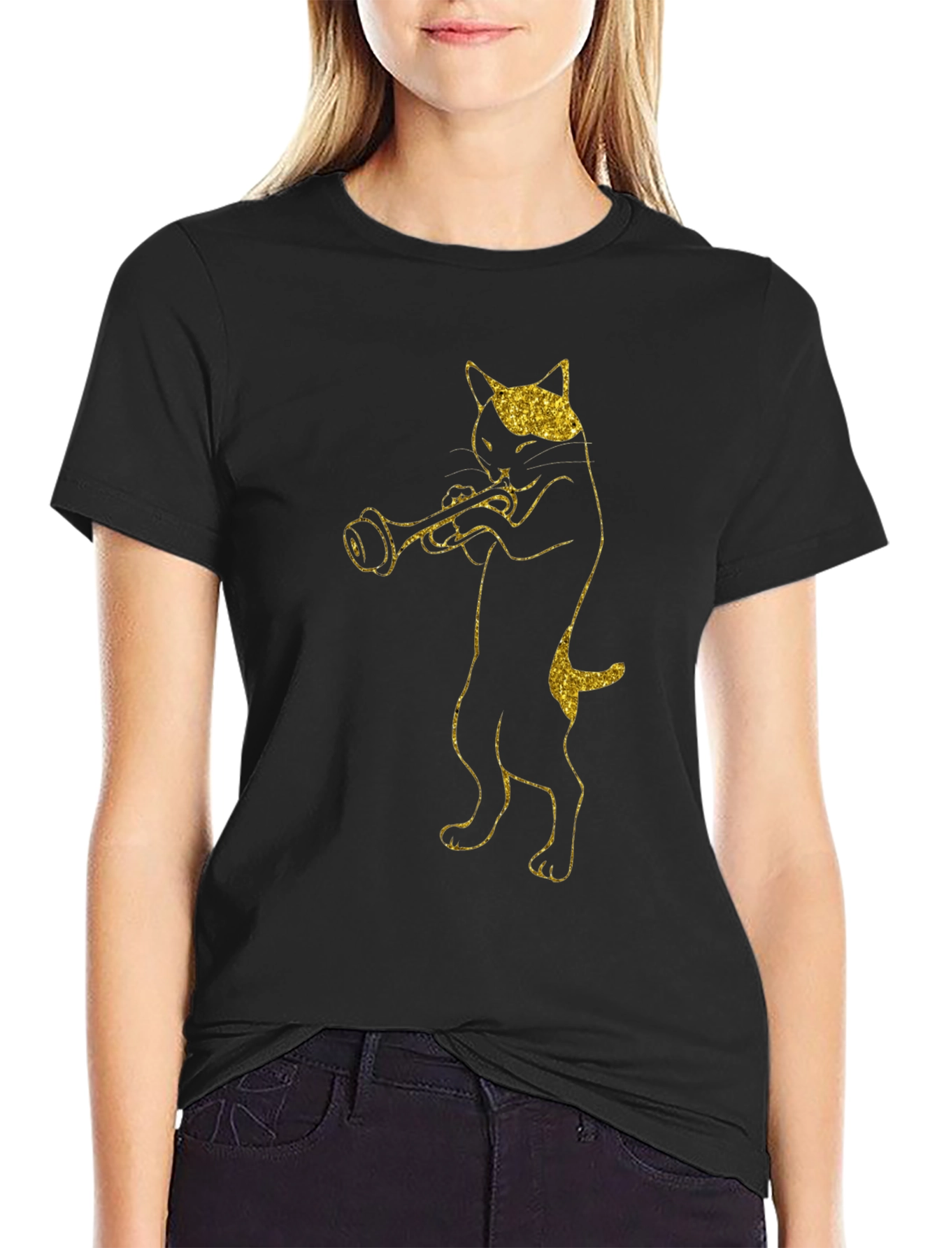 Cat Trumpet Player Black T-Shirt