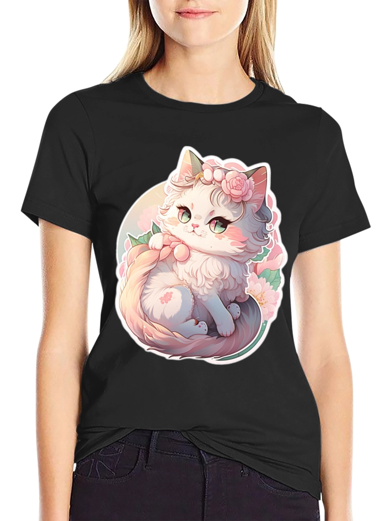 Cute Floral Kitten Graphic Tee
