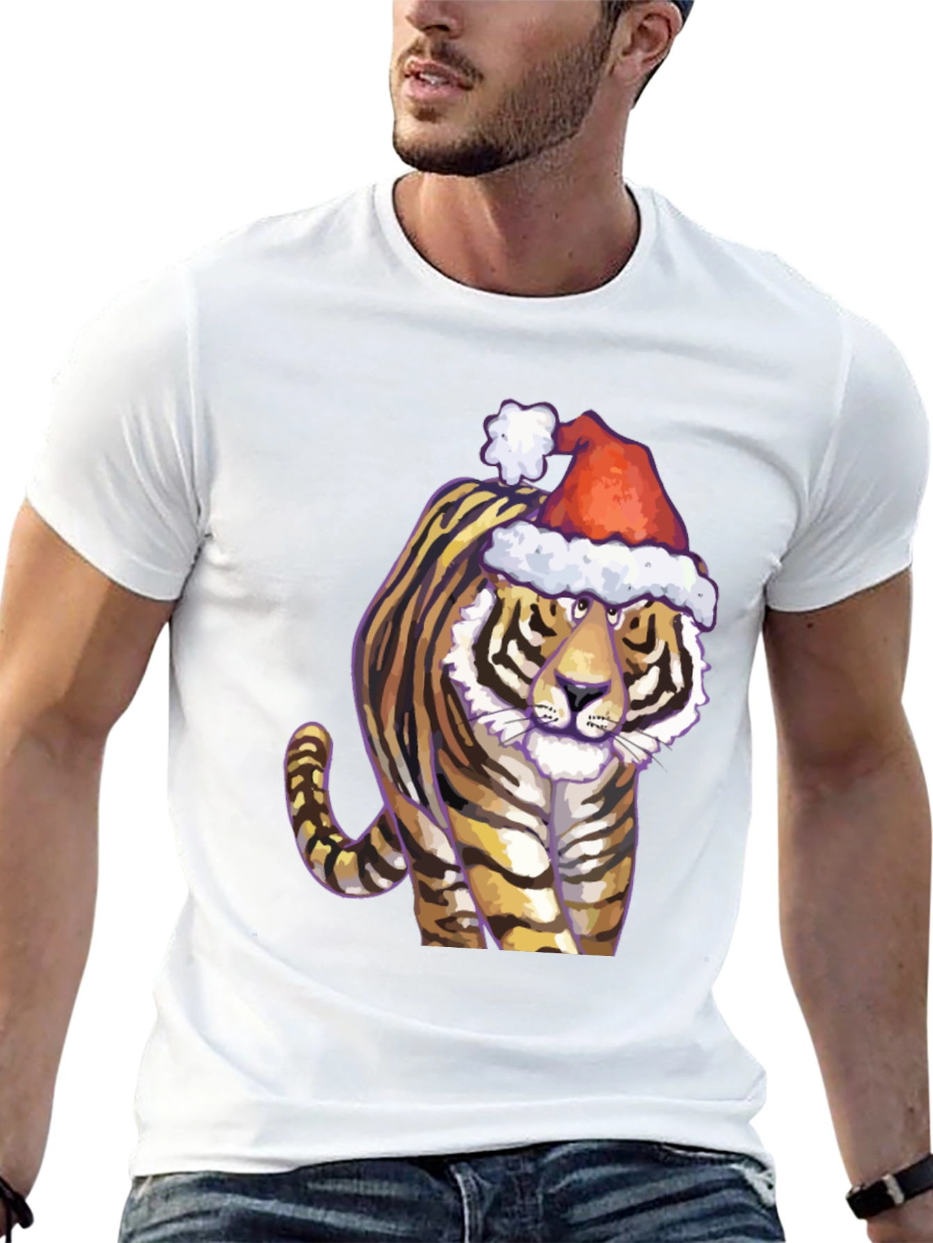 Festive Tiger Graphic Tee - Black Cotton Shirt