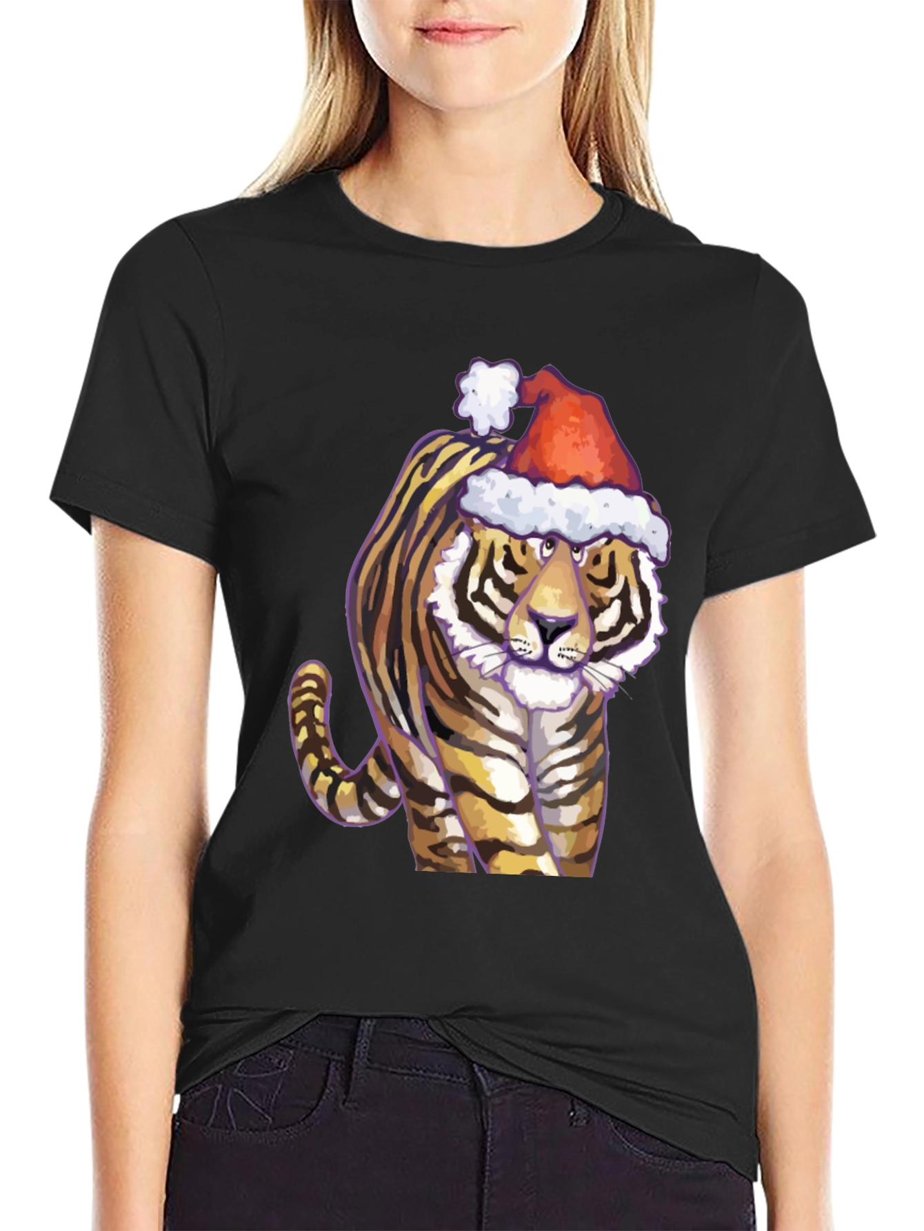 Festive Tiger Graphic Tee - Black Cotton Shirt