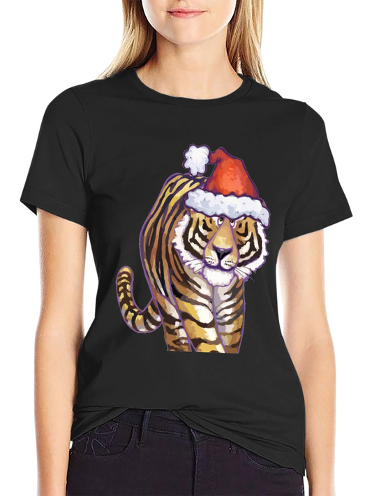 Festive Tiger Graphic Tee - Black Cotton Shirt