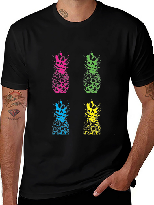 Colorful Pineapple Graphic Black T-Shirt