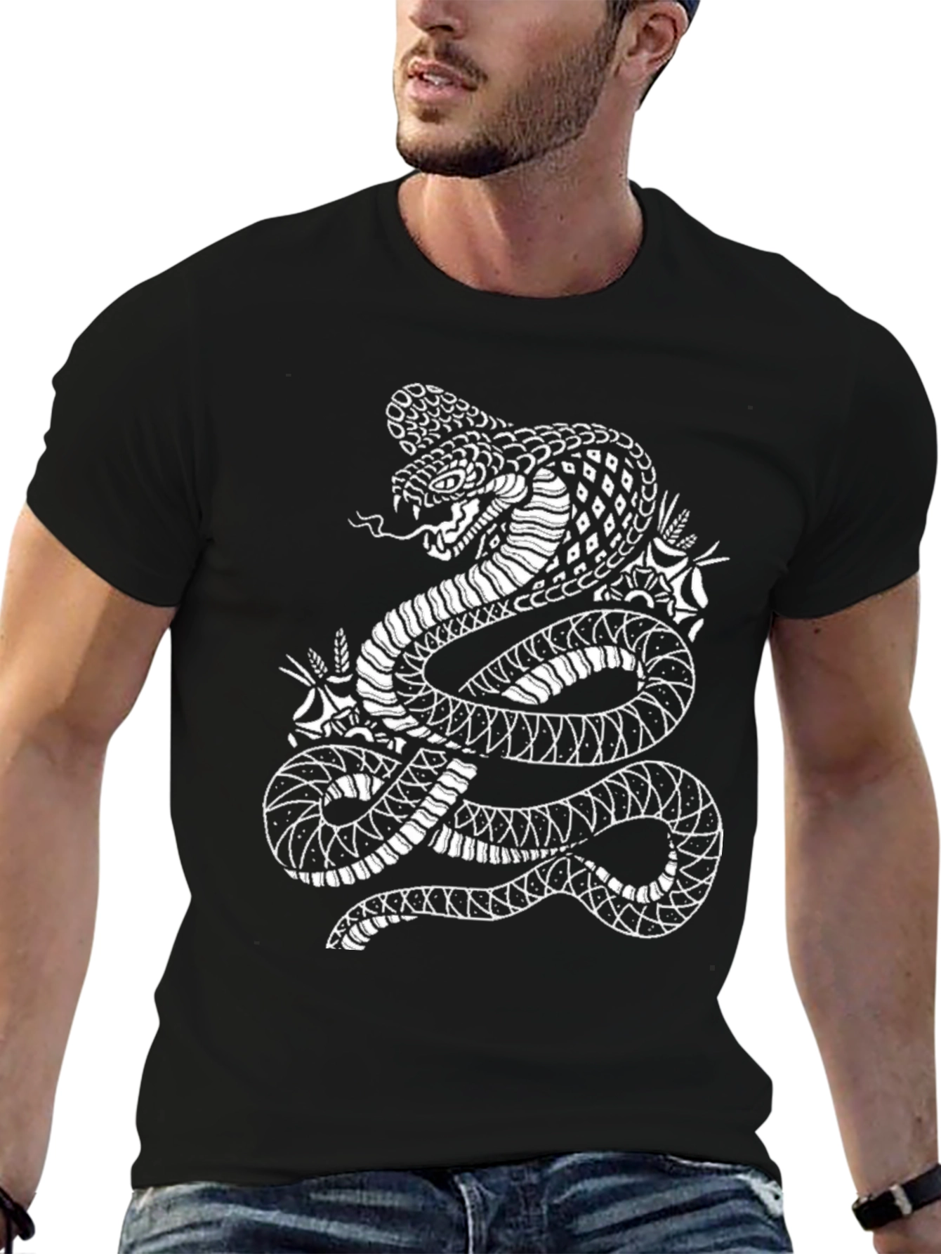 Mens Black T-Shirt with Snake Graphic