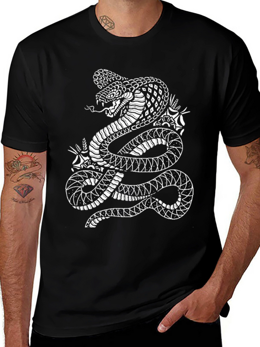 Mens Black T-Shirt with Snake Graphic