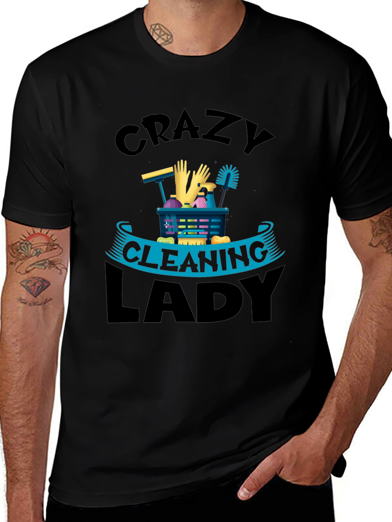 Crazy Cleaning Lady Graphic Tee - Black Crew Neck