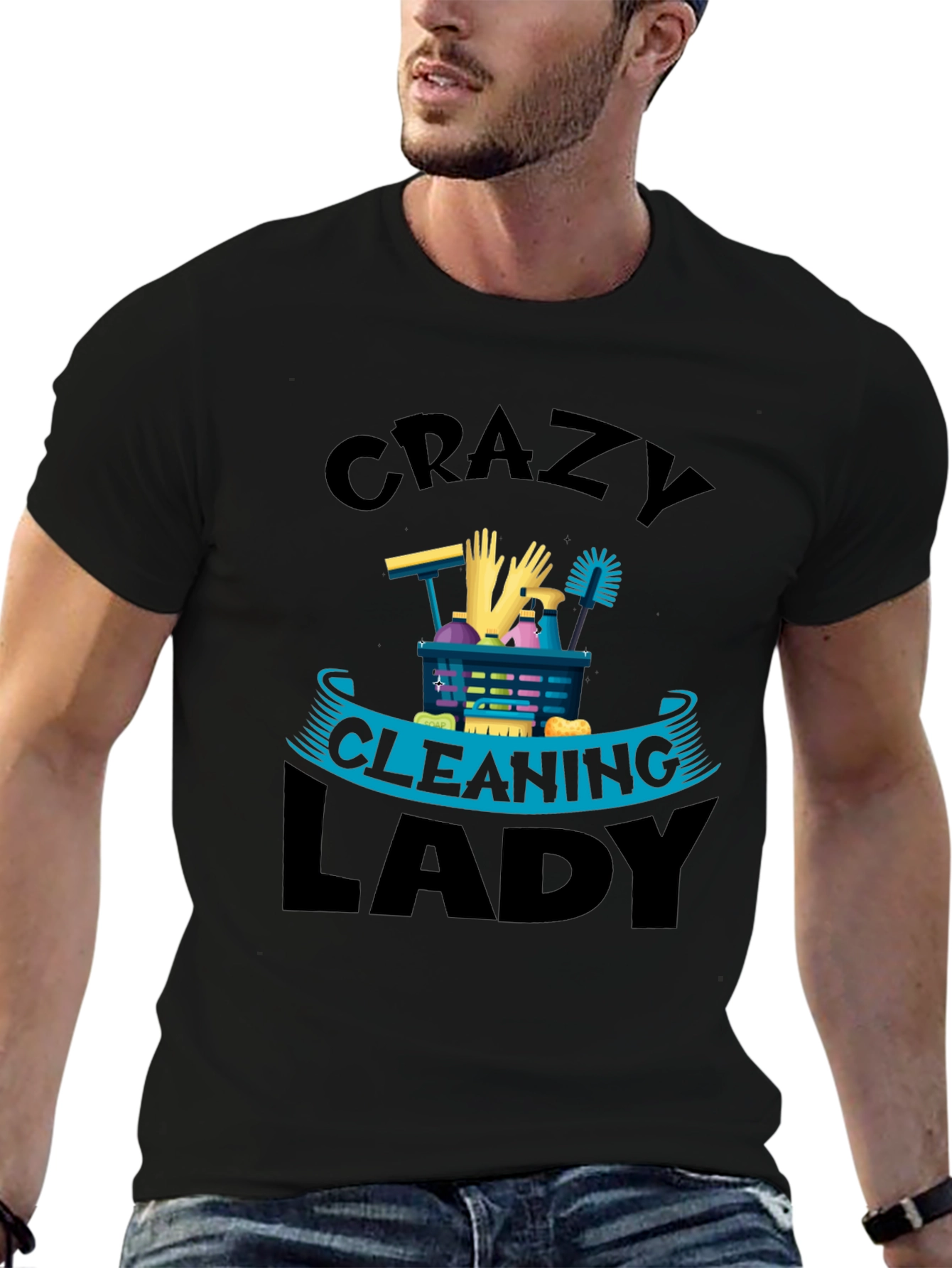 Crazy Cleaning Lady Graphic Tee - Black Crew Neck