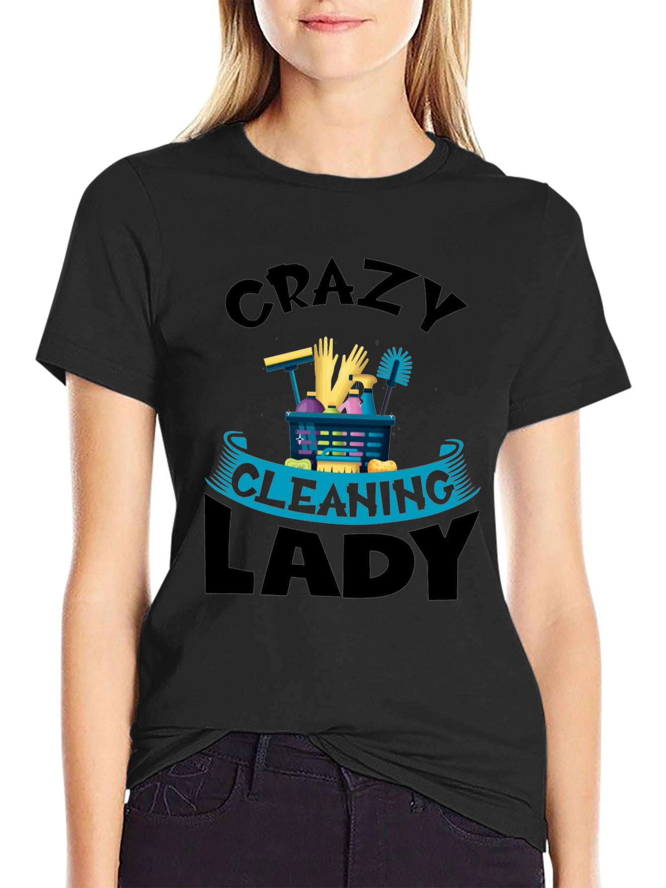 Crazy Cleaning Lady Graphic Tee - Black Crew Neck