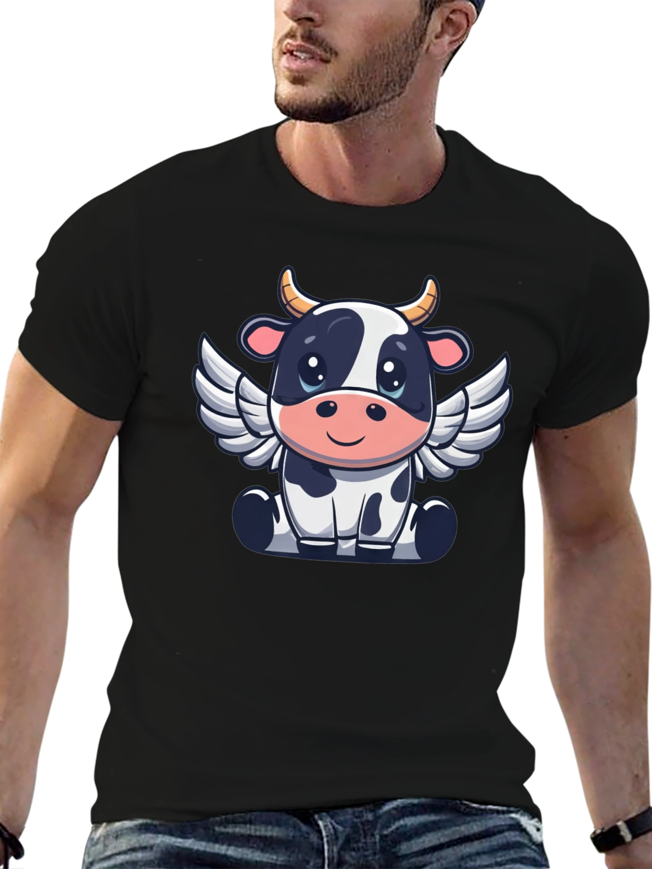 Cow Angel Graphic Tee - Black Cotton T-Shirt