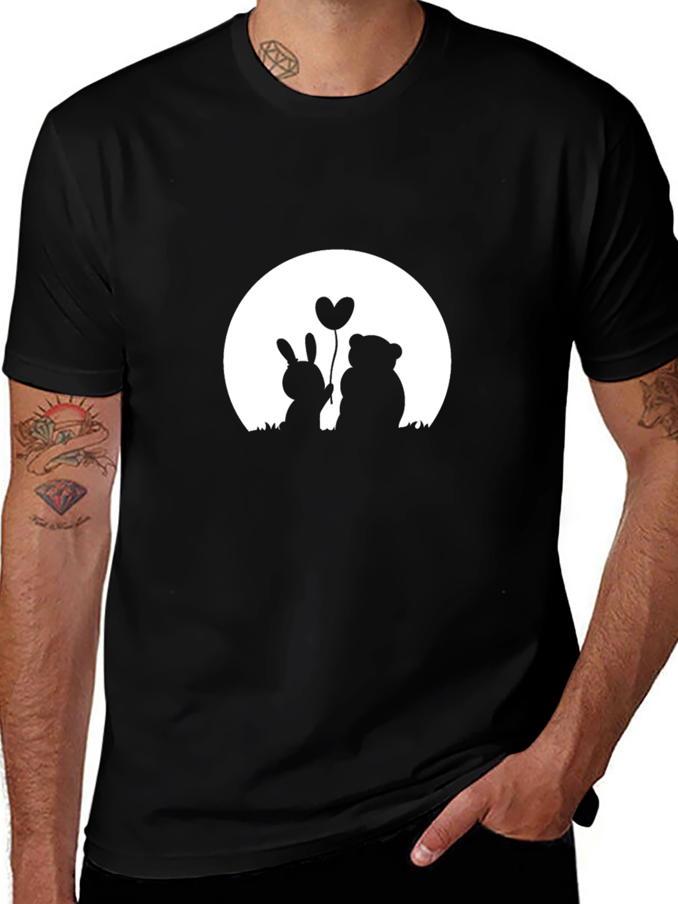 Romantic Bunny & Bear Graphic Tee - Black