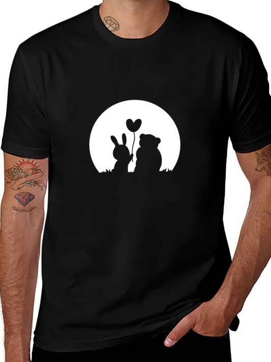 Romantic Bunny & Bear Graphic Tee - Black