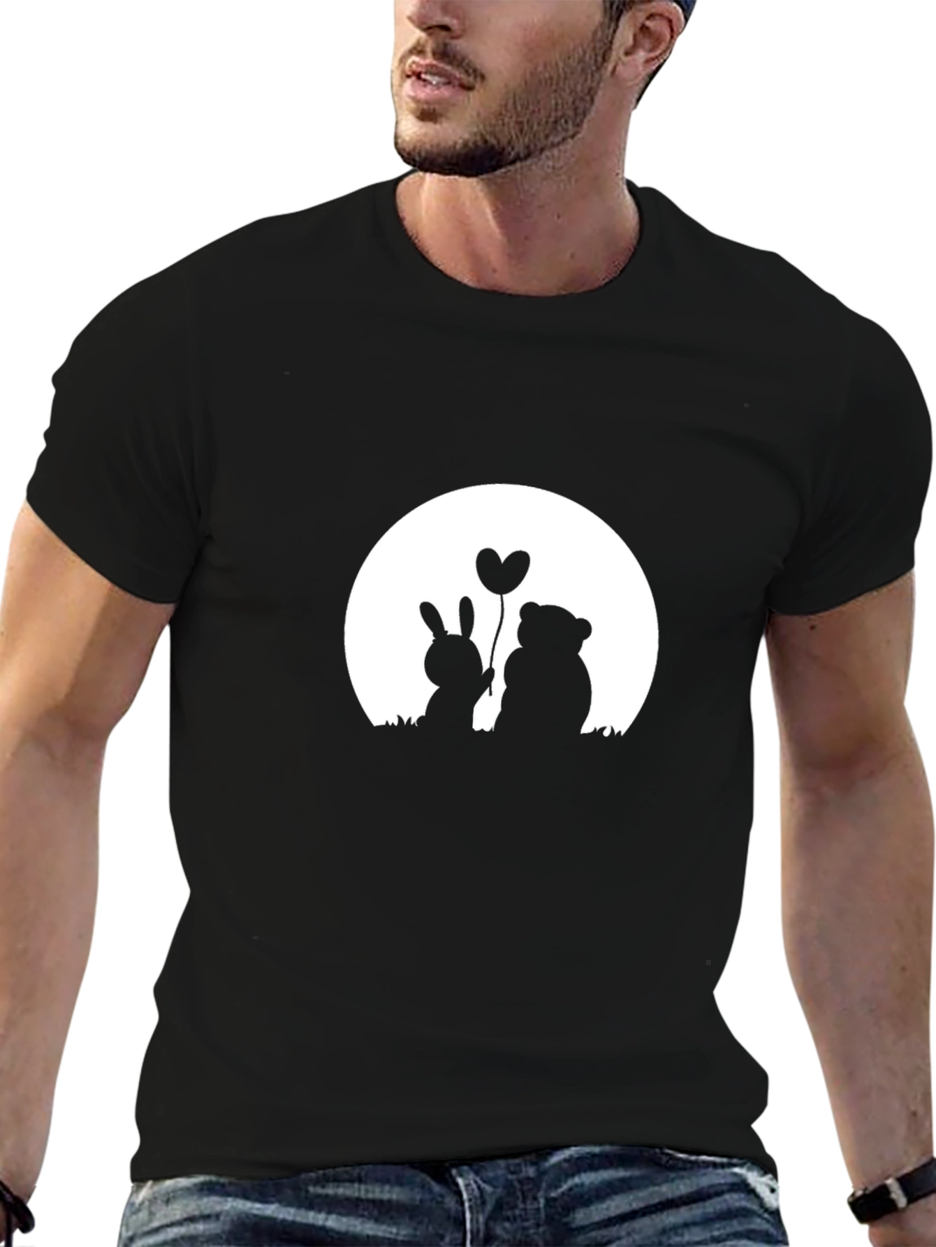 Romantic Bunny & Bear Graphic Tee - Black