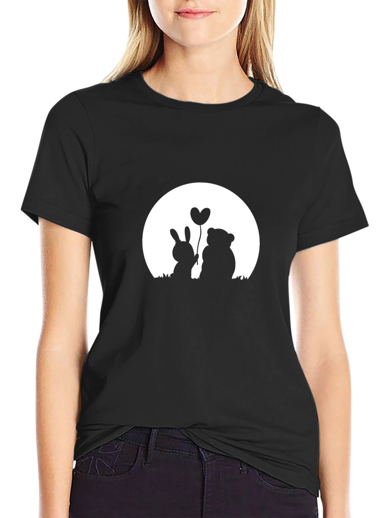 Romantic Bunny & Bear Graphic Tee - Black