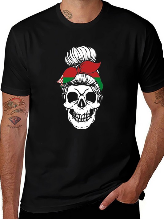 Skull Messy Bun Belarus Flag Graphic T-Shirt