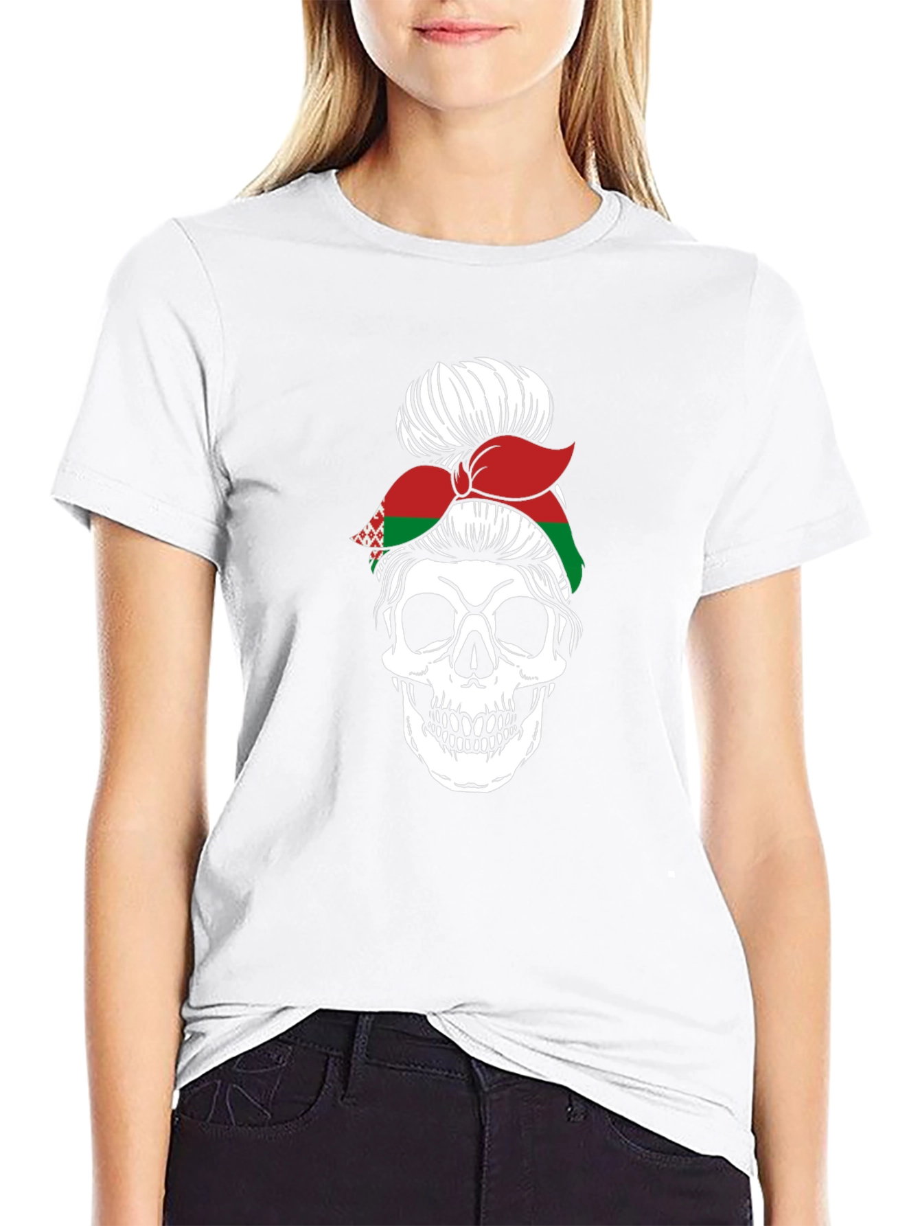Skull Messy Bun Belarus Flag Graphic T-Shirt