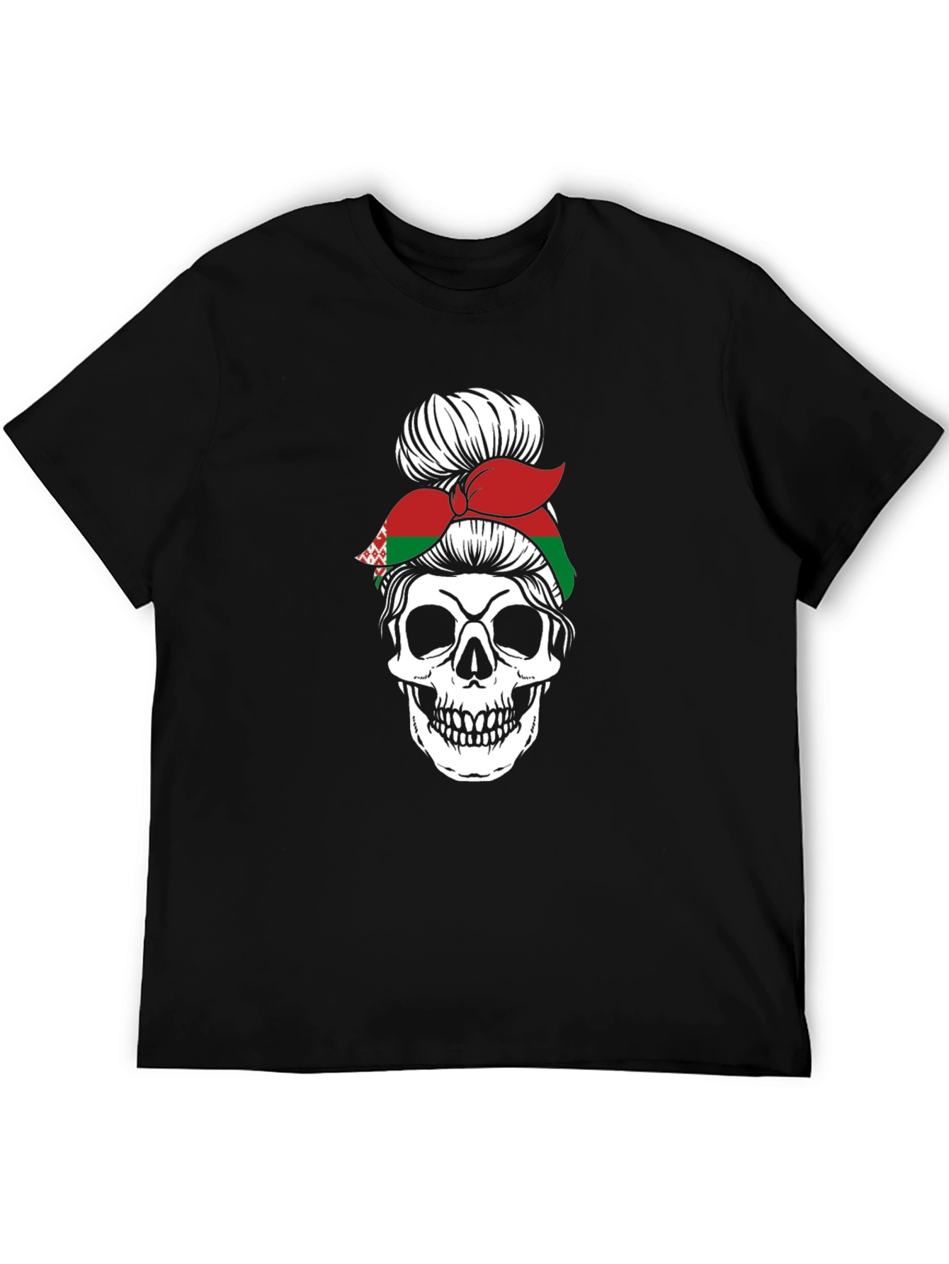 Skull Messy Bun Belarus Flag Graphic T-Shirt