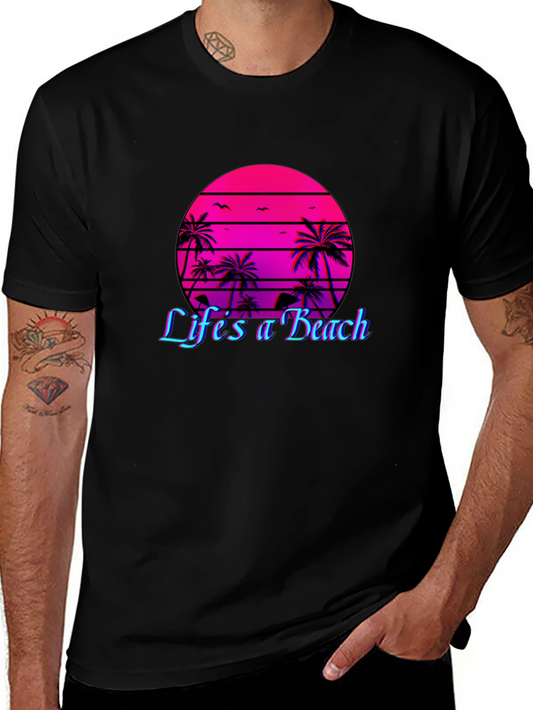 Lifes a Beach T-Shirt - Retro Sunset Palm Tree Tee
