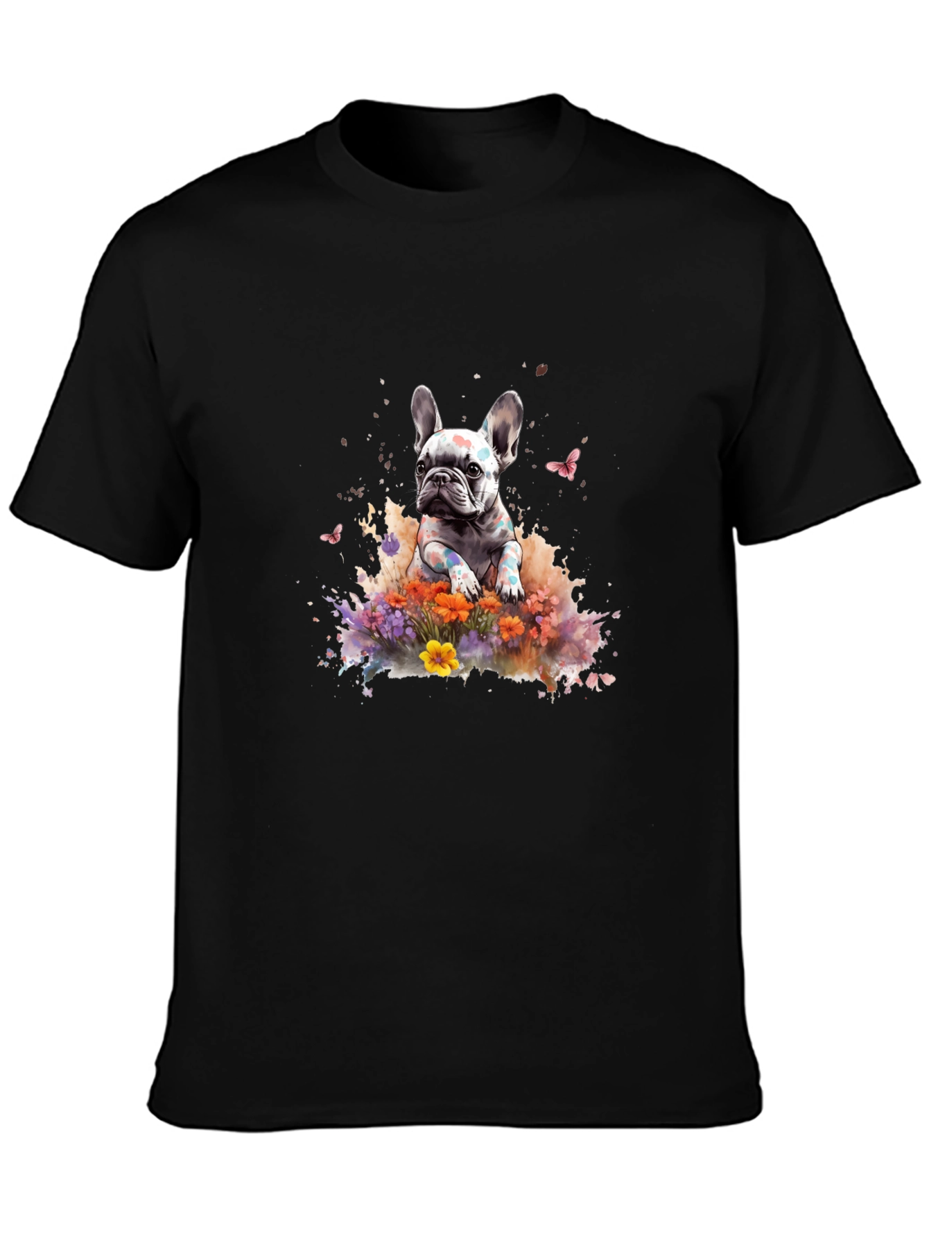 French Bulldog Floral Graphic Black T-Shirt