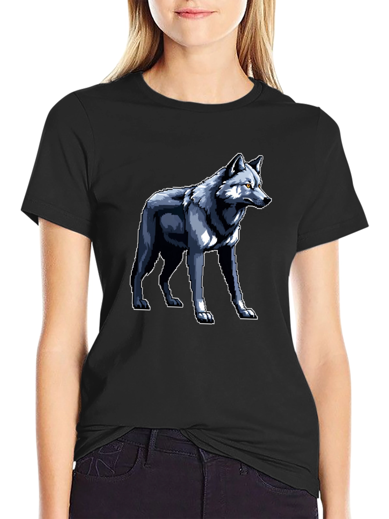 Pixelated Wolf Graphic Black T-Shirt