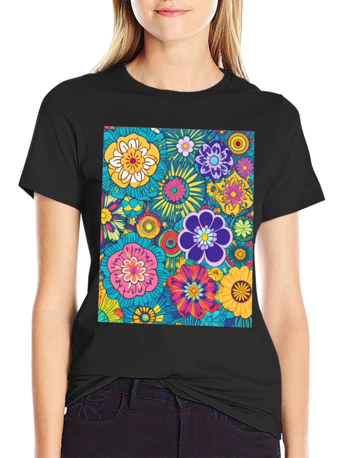 Retro Floral Print Tee - Black