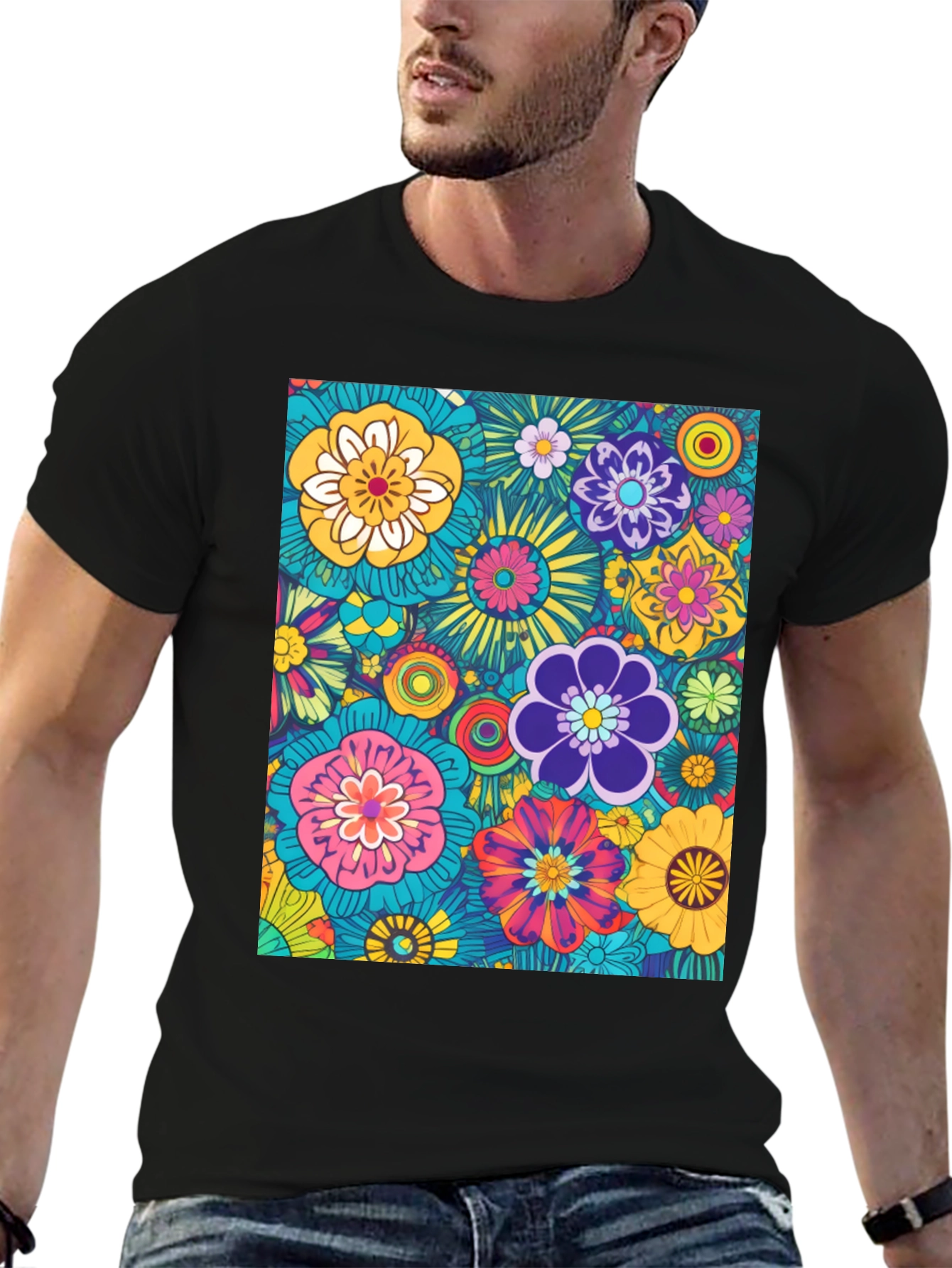 Retro Floral Print Tee - Black