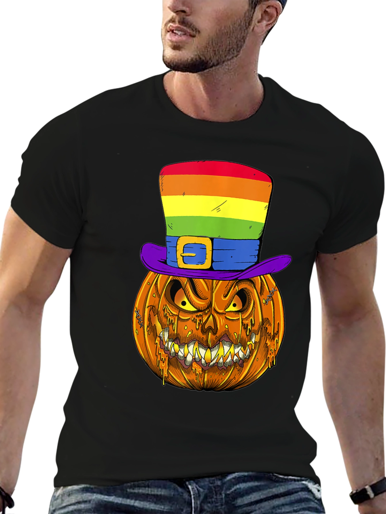 Pumpkin Halloween T-Shirt with Rainbow Hat