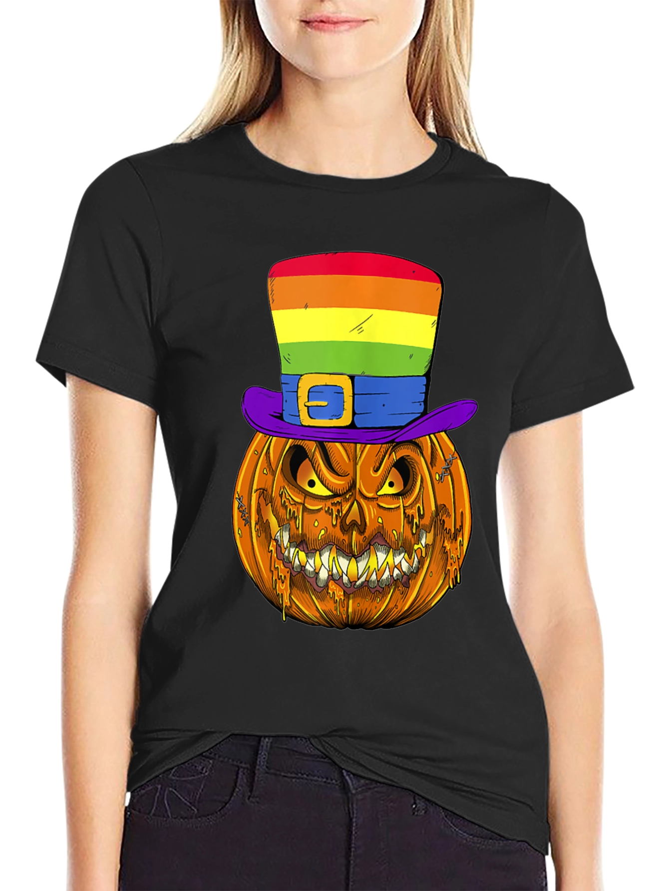 Pumpkin Halloween T-Shirt with Rainbow Hat