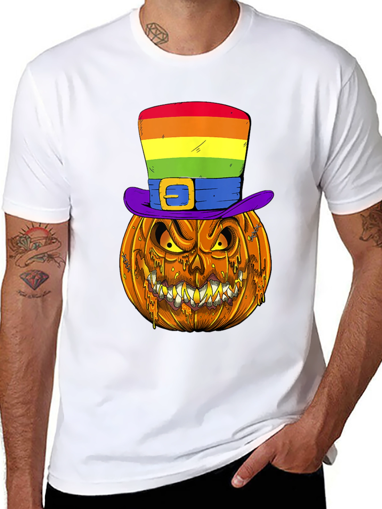 Pumpkin Halloween T-Shirt with Rainbow Hat