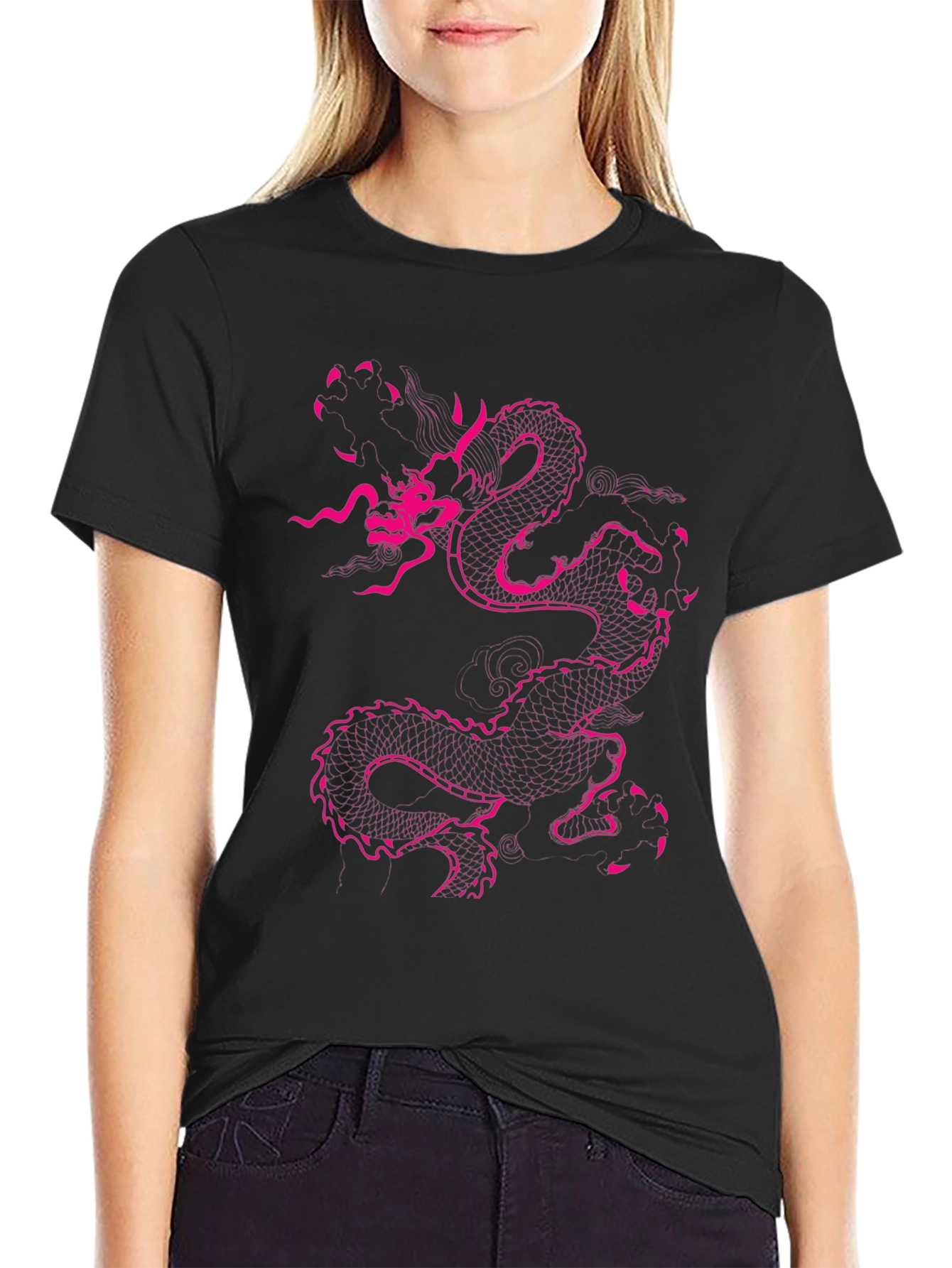 Black T-Shirt with Pink Dragon Design