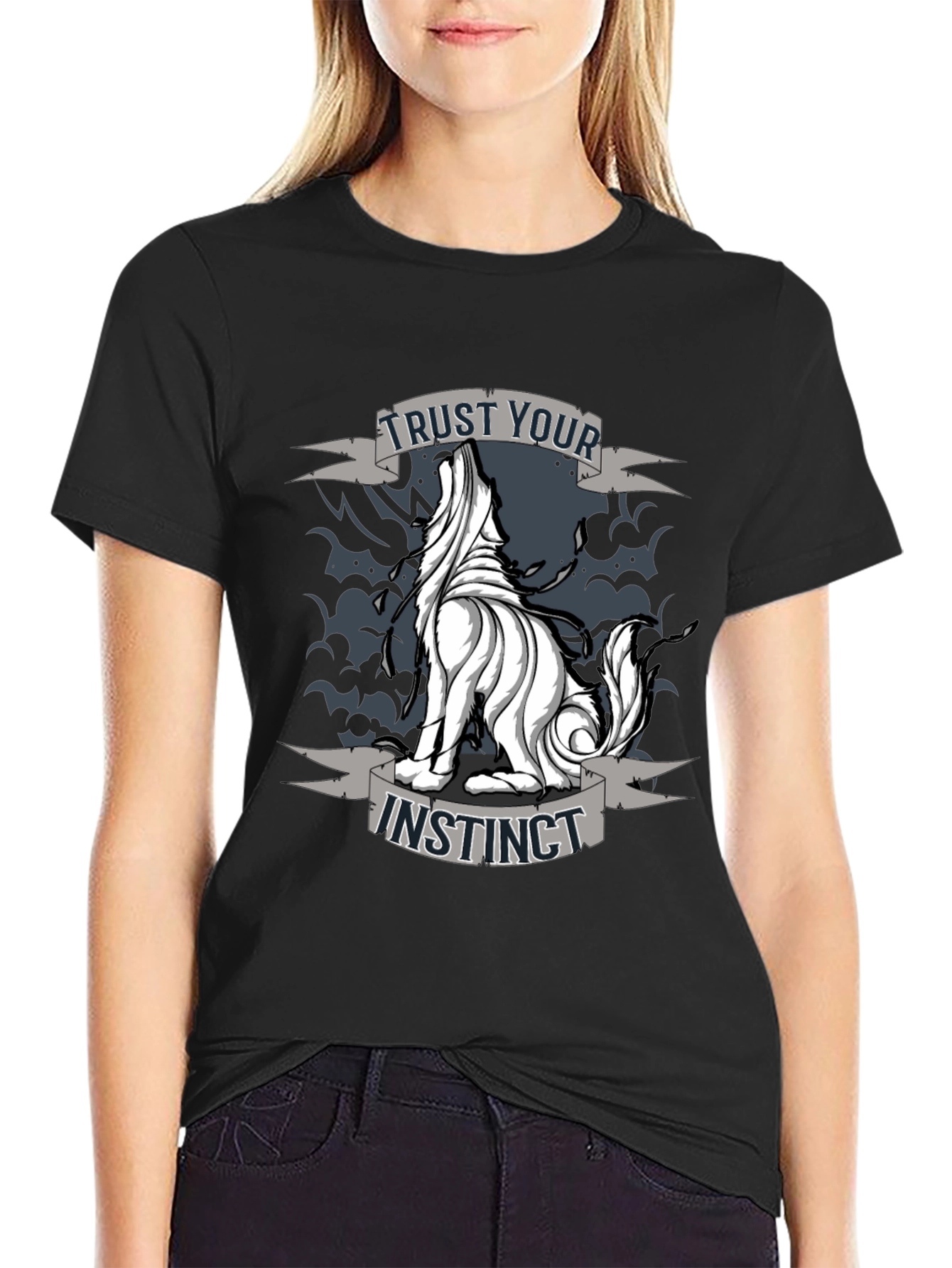 Trust Your Instinct Wolf Graphic Tee - Black