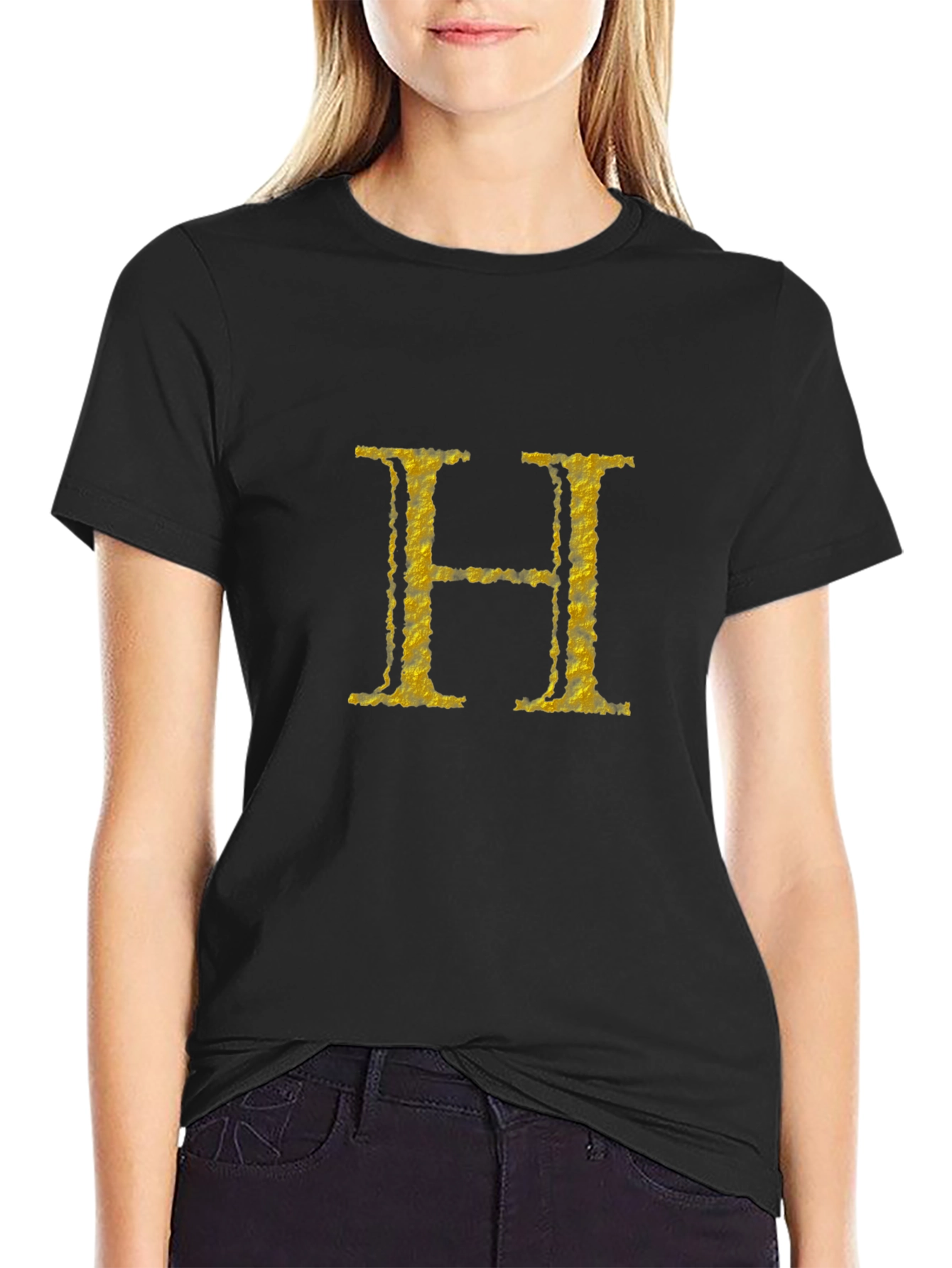 Black Tee with Gold H Initial