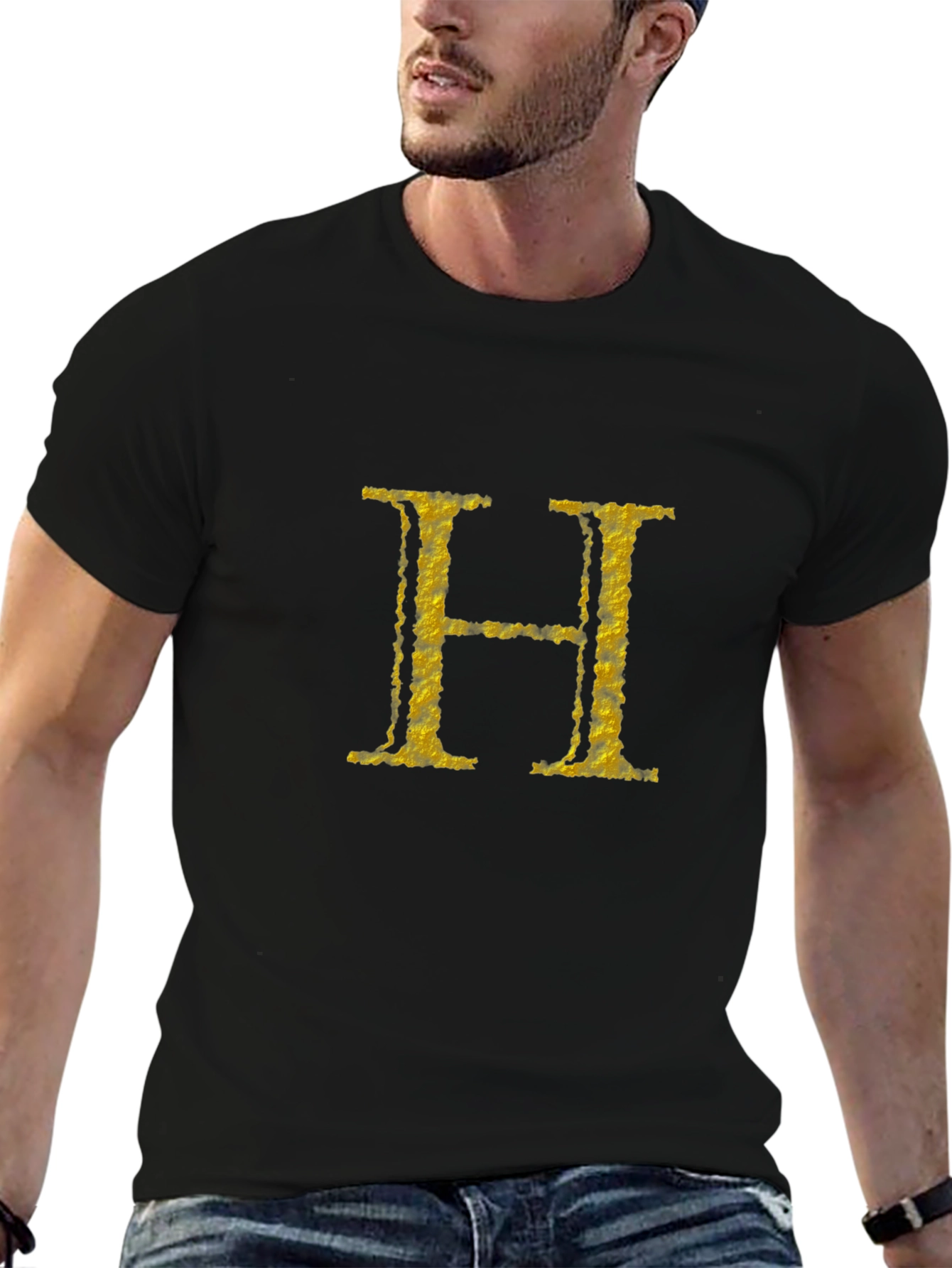 Black Tee with Gold H Initial