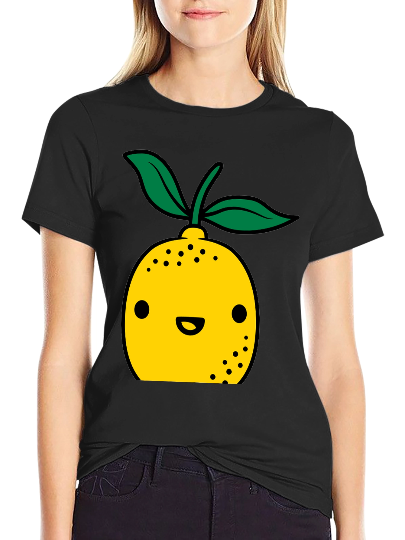 Cute Lemon Cartoon Graphic Black T-Shirt