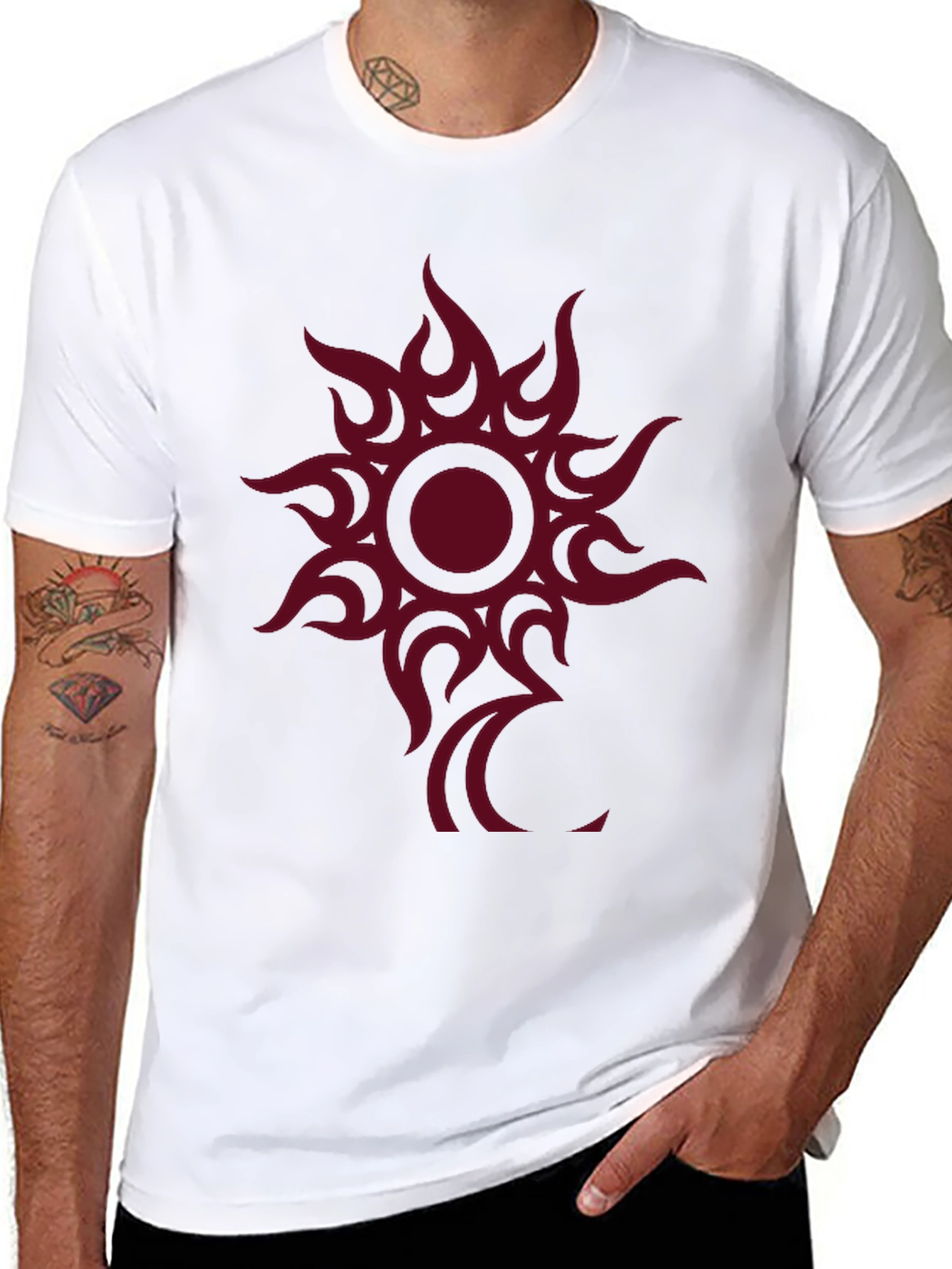 Black Tee with Tribal Sun Graphic Print