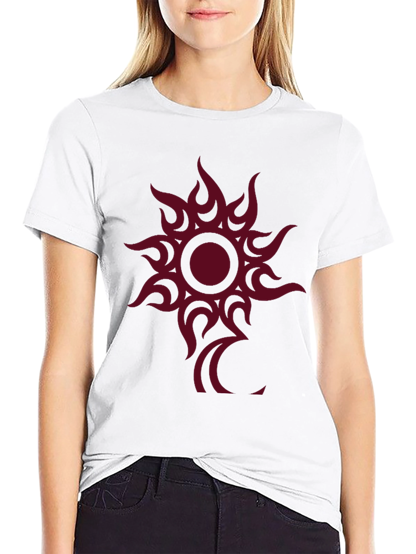 Black Tee with Tribal Sun Graphic Print