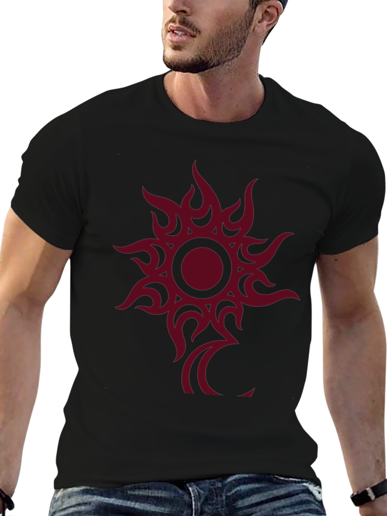 Black Tee with Tribal Sun Graphic Print