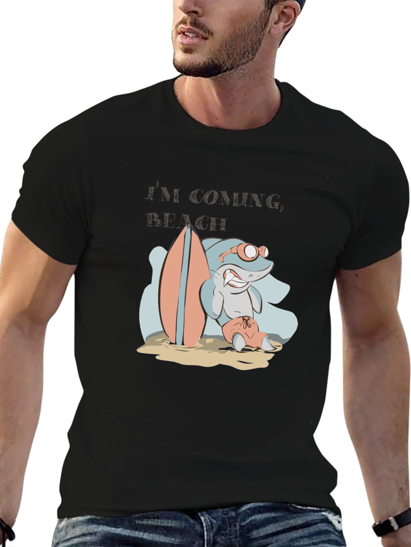 Surfing Shark Graphic Tee - Black Cotton T-Shirt