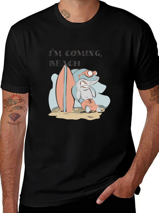 Surfing Shark Graphic Tee - Black Cotton T-Shirt