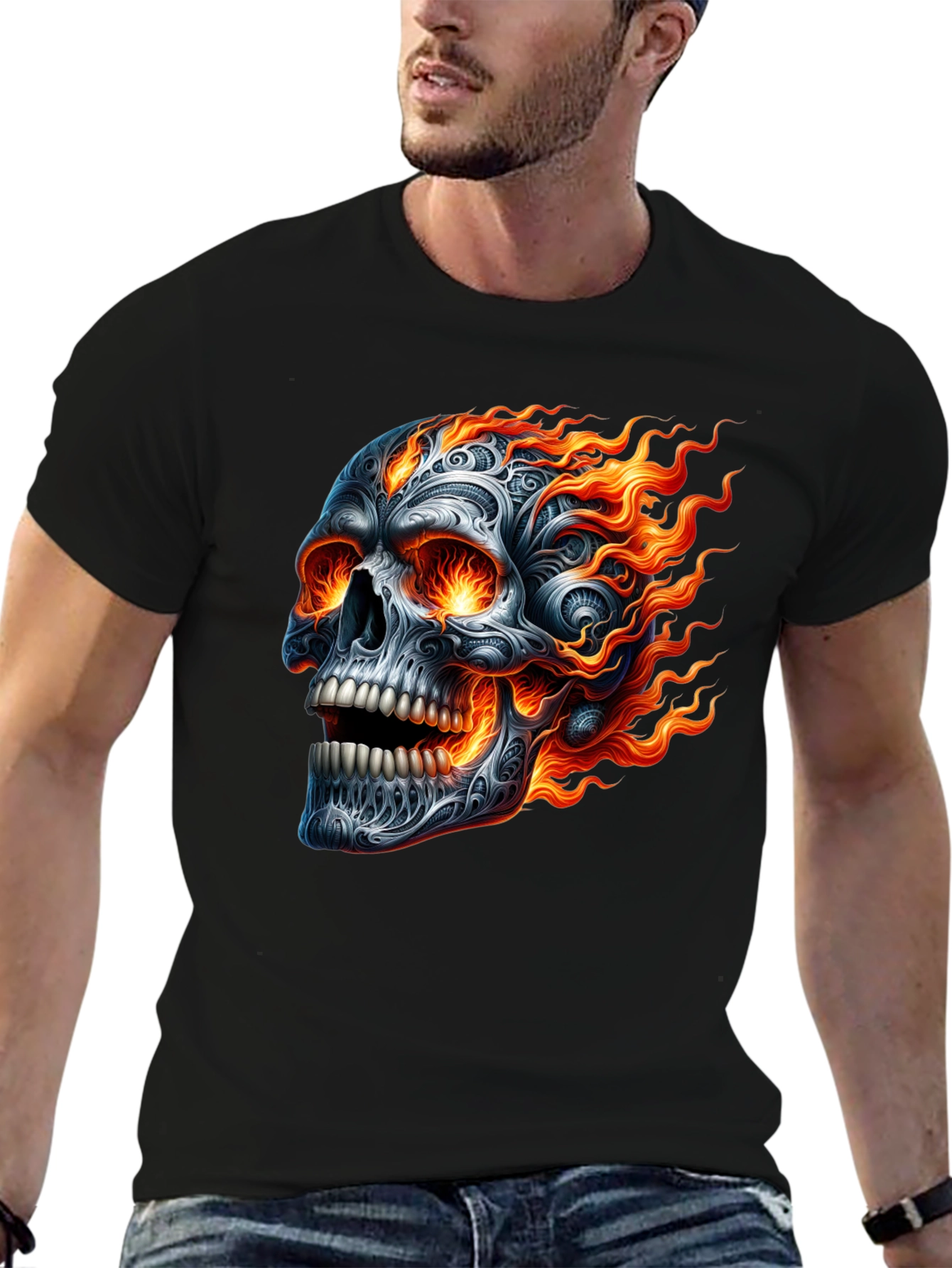 Flaming Skull Graphic Tee - Black Cotton T-Shirt