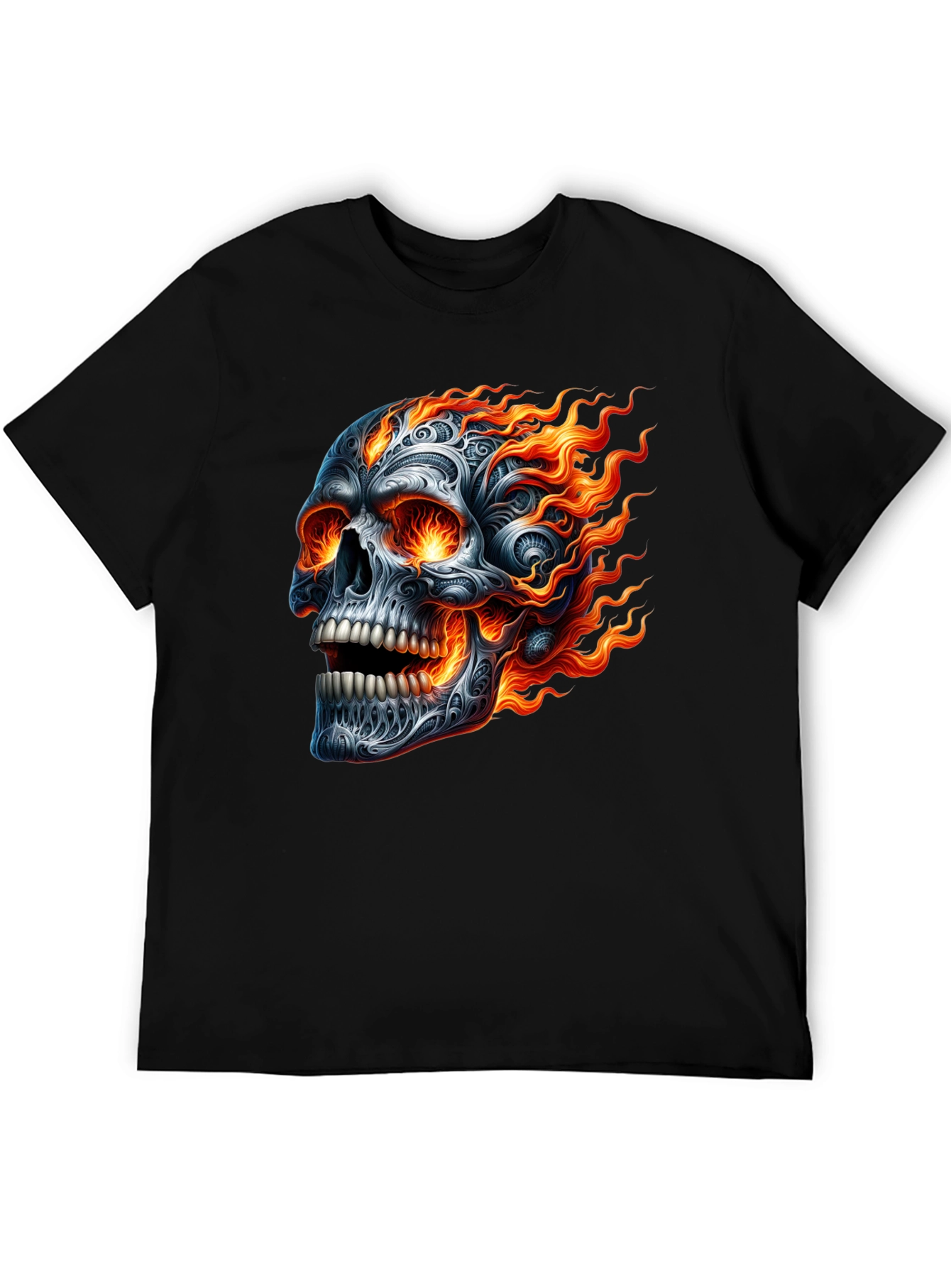 Flaming Skull Graphic Tee - Black Cotton T-Shirt