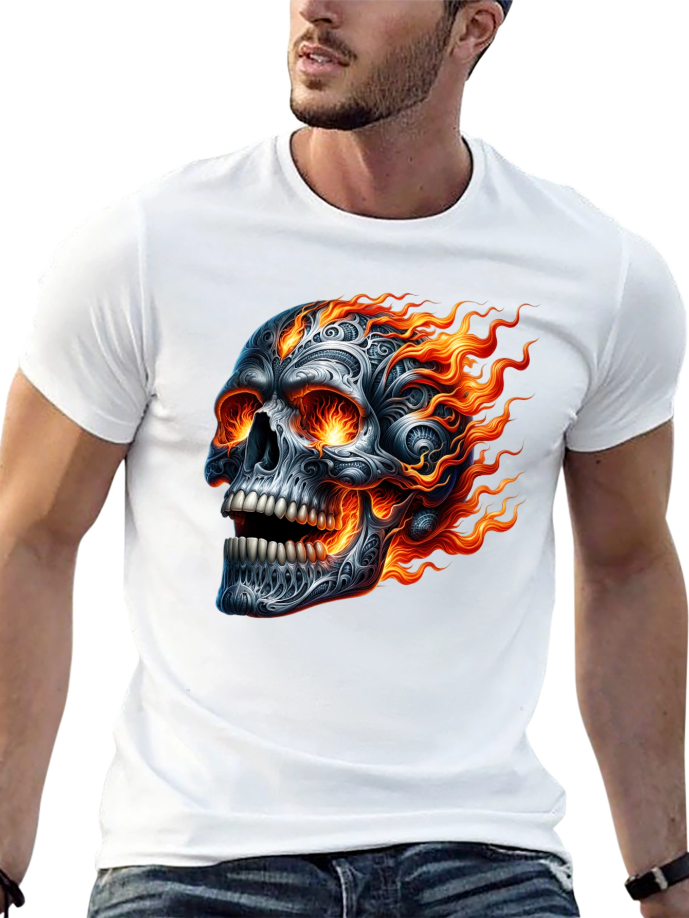Flaming Skull Graphic Tee - Black Cotton T-Shirt